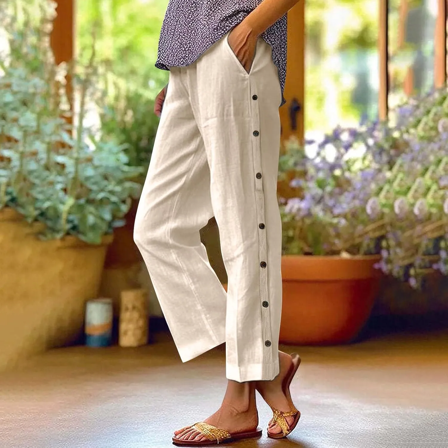 Linen Pants for Women 2025 High Waisted Wide Leg Trousers Trendy Striped Side Button Elastic Waist Summer Gauze Pants