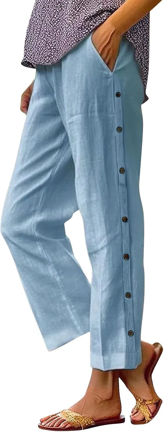Linen Pants for Women 2025 High Waisted Wide Leg Trousers Trendy Striped Side Button Elastic Waist Summer Gauze Pants