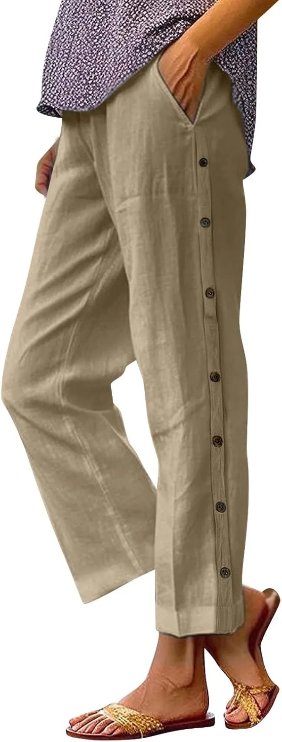 Linen Pants for Women 2025 High Waisted Wide Leg Trousers Trendy Striped Side Button Elastic Waist Summer Gauze Pants