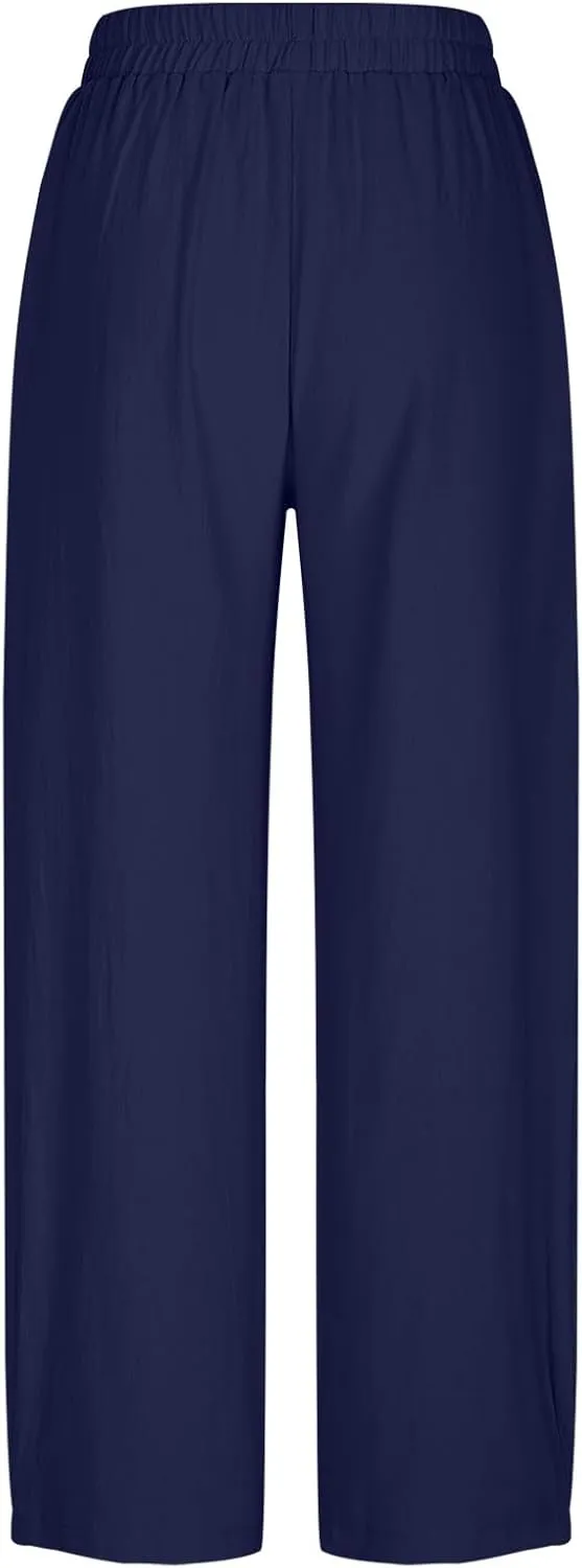 Linen Pants for Women 2025 Trendy Elastic High Waist Loose Fit Trouser Summer Breathable Lounge Pocket Wide Leg Pant