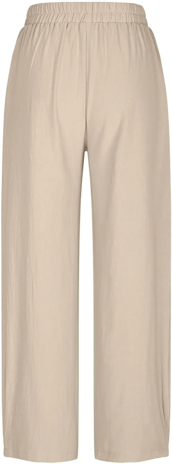 Linen Pants for Women 2025 Trendy Elastic High Waist Loose Fit Trouser Summer Breathable Lounge Pocket Wide Leg Pant