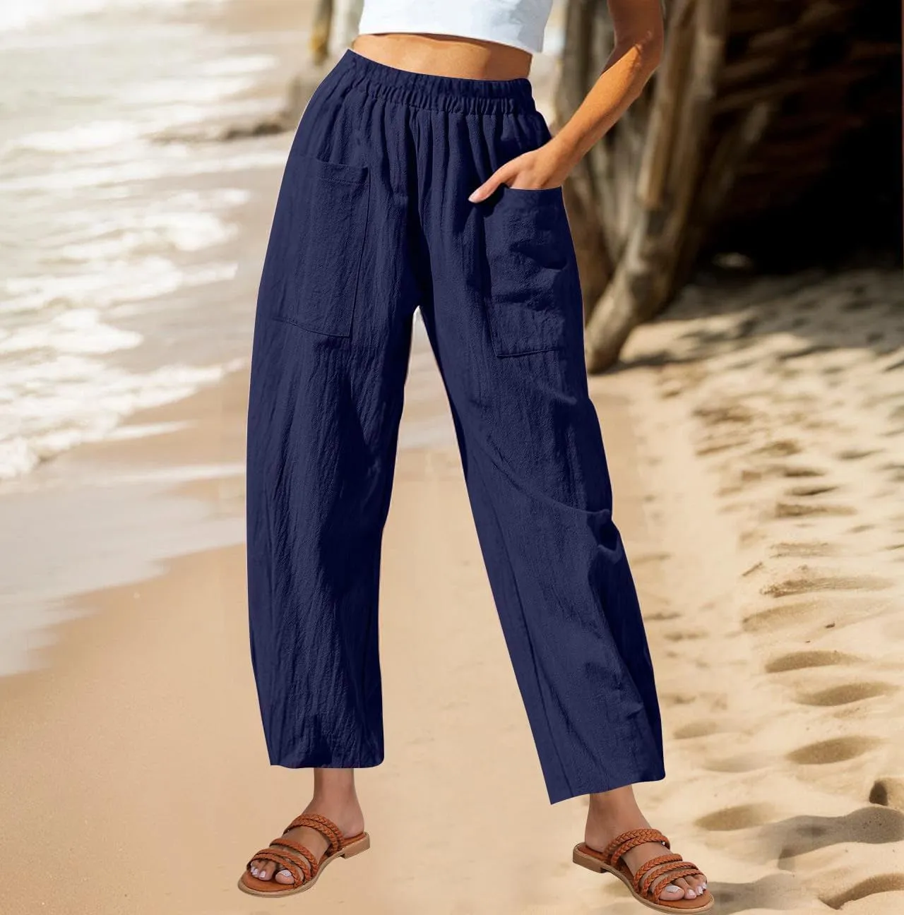 Linen Pants for Women 2025 Trendy Elastic High Waist Loose Fit Trouser Summer Breathable Lounge Pocket Wide Leg Pant