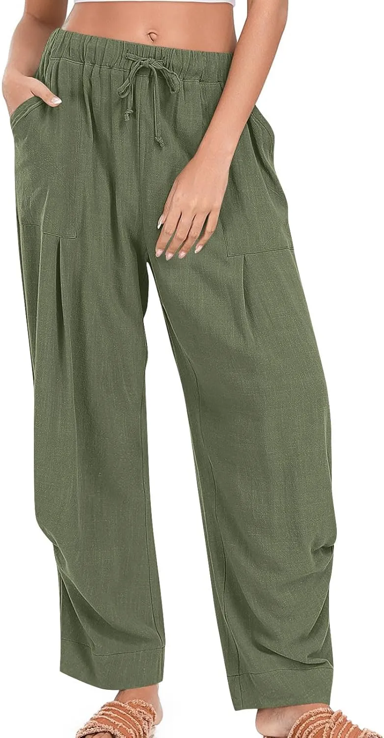 Linen Pants for Women Pleated Elastic Waist Drawstring Womens Summer Pants with Pockets High Waisted Palazzo Trousers