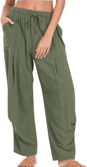 Linen Pants for Women Pleated Elastic Waist Drawstring Womens Summer Pants with Pockets High Waisted Palazzo Trousers