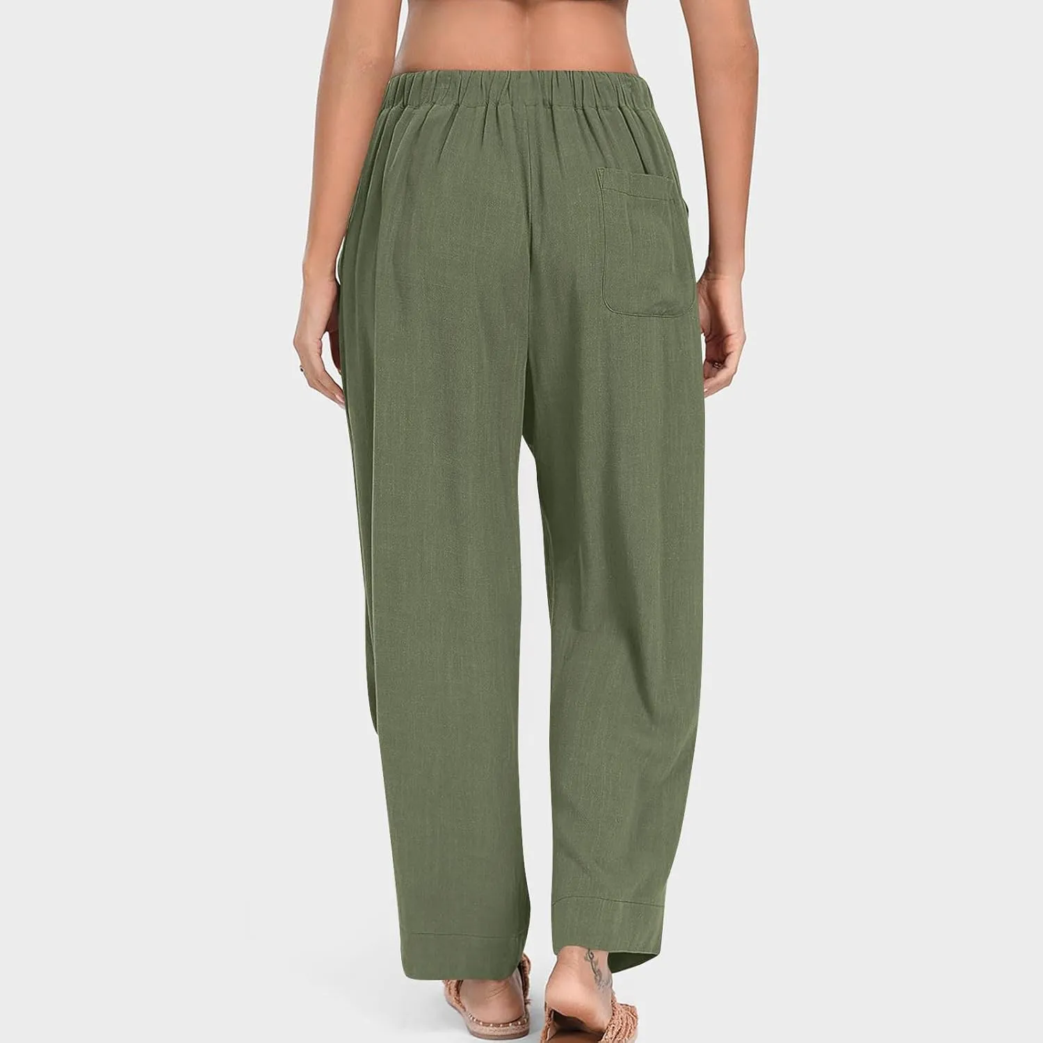 Linen Pants for Women Pleated Elastic Waist Drawstring Womens Summer Pants with Pockets High Waisted Palazzo Trousers