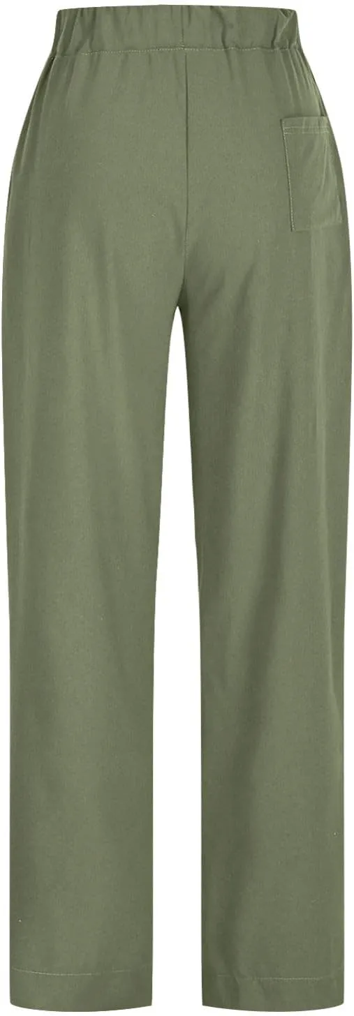 Linen Pants for Women Pleated Elastic Waist Drawstring Womens Summer Pants with Pockets High Waisted Palazzo Trousers