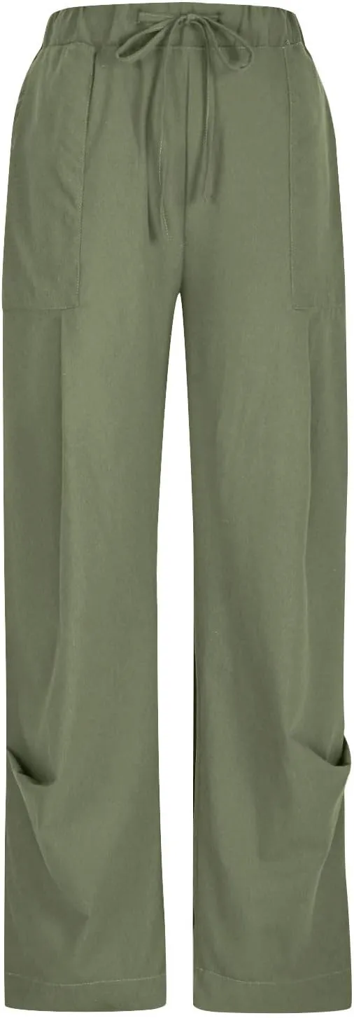 Linen Pants for Women Pleated Elastic Waist Drawstring Womens Summer Pants with Pockets High Waisted Palazzo Trousers