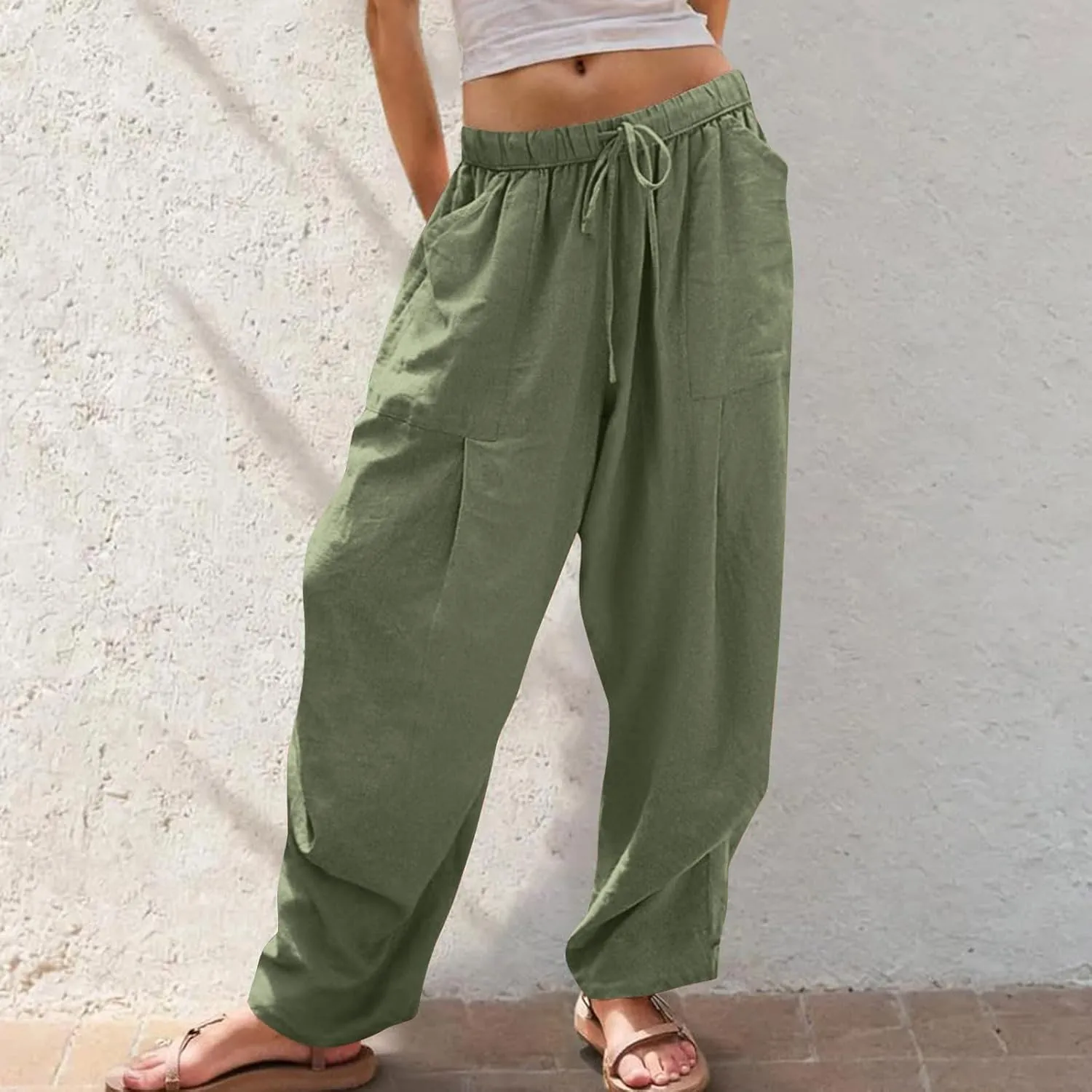 Linen Pants for Women Pleated Elastic Waist Drawstring Womens Summer Pants with Pockets High Waisted Palazzo Trousers