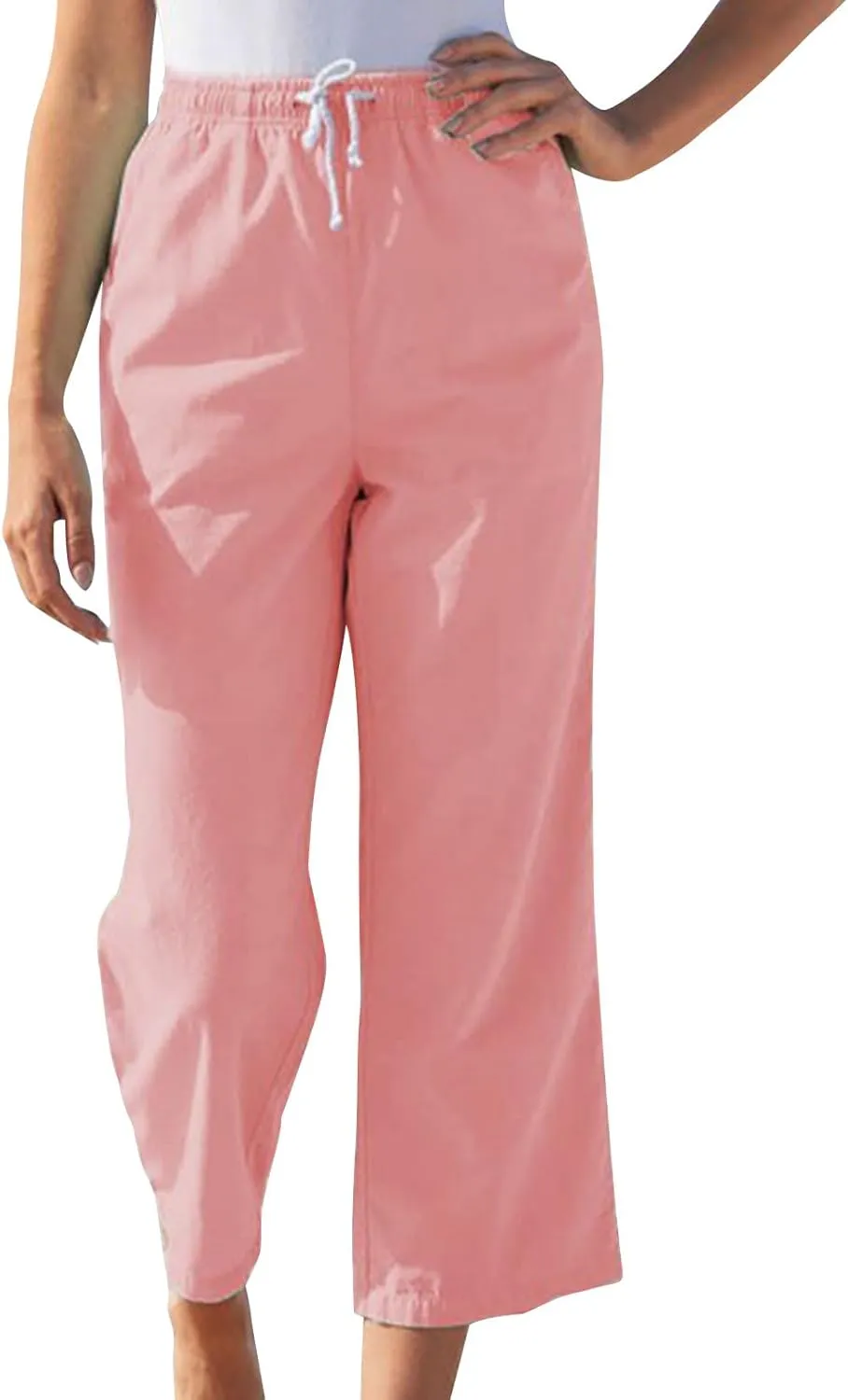 Linen Pants for Women Summer Casual Straight Leg Drawstring Trousers Elastic Waist Cropped Beach Pants with Pocket