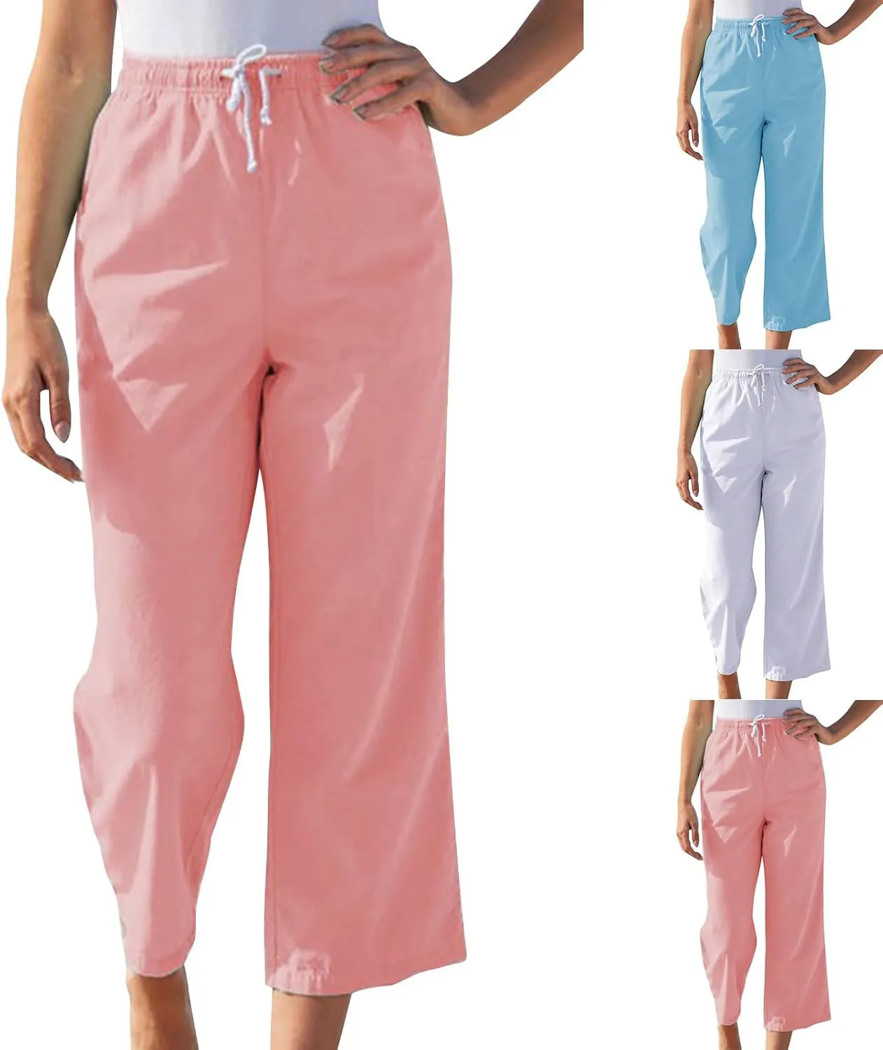 Linen Pants for Women Summer Casual Straight Leg Drawstring Trousers Elastic Waist Cropped Beach Pants with Pocket