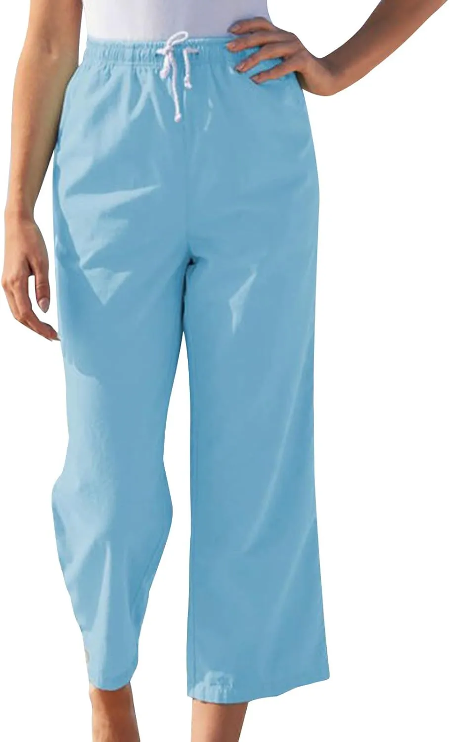 Linen Pants for Women Summer Casual Straight Leg Drawstring Trousers Elastic Waist Cropped Beach Pants with Pocket