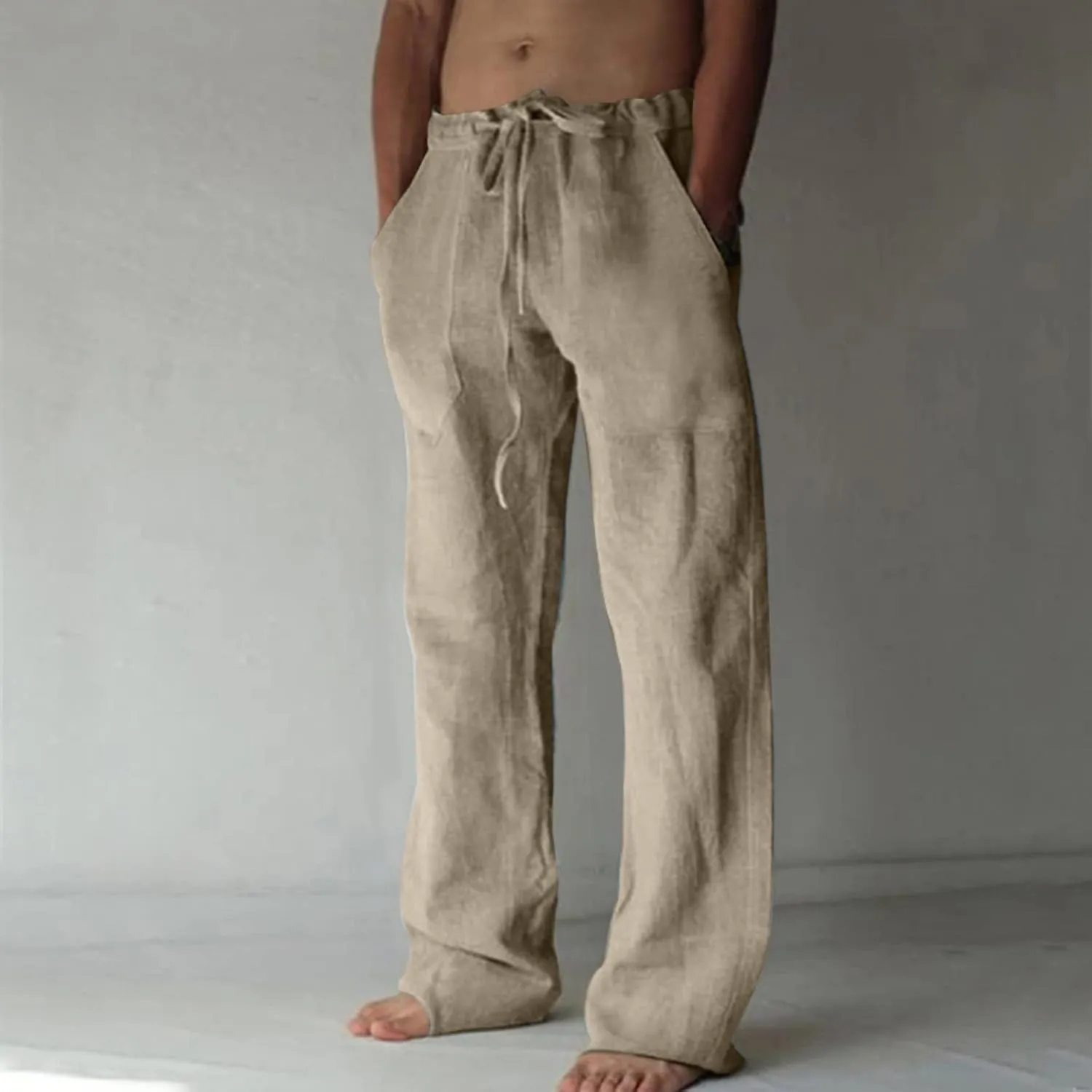 Linen Pants Men Casual Lightweight Loose Summer Beach Pant Elastic Waist Drawstring Wide Leg Yoga Trouser with Pocket