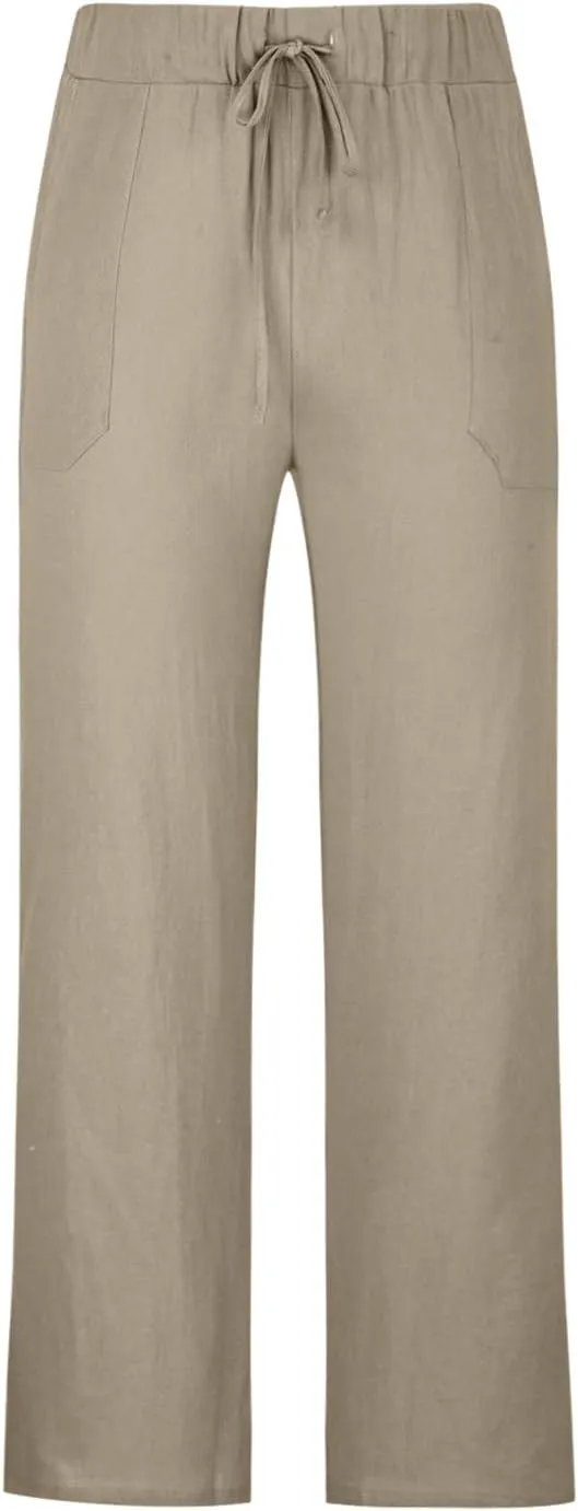 Linen Pants Men Casual Lightweight Loose Summer Beach Pant Elastic Waist Drawstring Wide Leg Yoga Trouser with Pocket