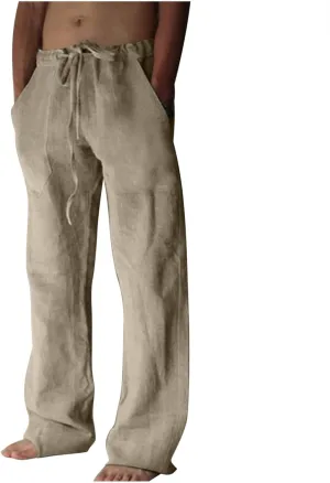 Linen Pants Men Casual Lightweight Loose Summer Beach Pant Elastic Waist Drawstring Wide Leg Yoga Trouser with Pocket