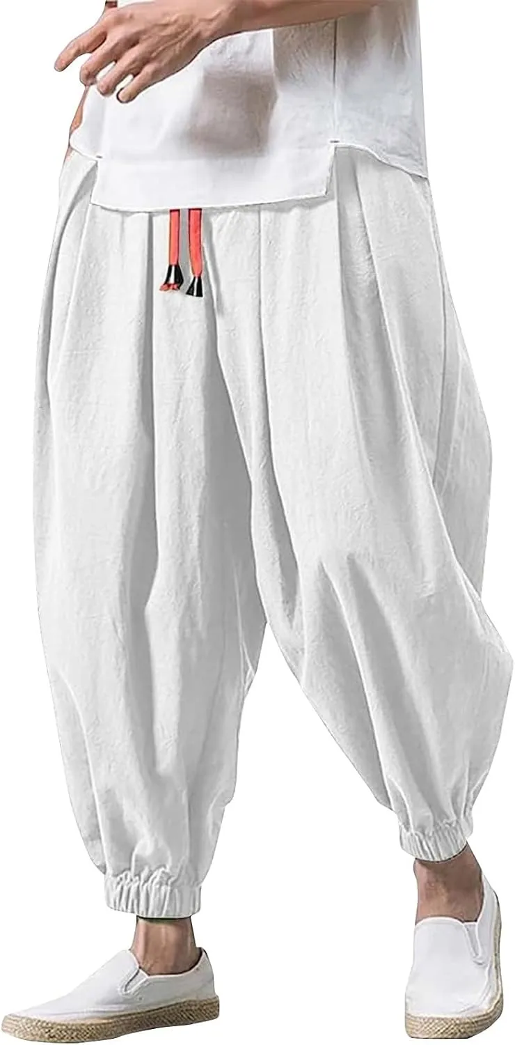 Linen Pants Men Drawstring Waist Elastic Bottom Lounge Pants 2025 Summer Loose Fit Boho Harem Pants Hippie Clothes