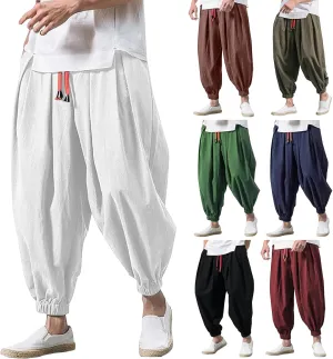 Linen Pants Men Drawstring Waist Elastic Bottom Lounge Pants 2025 Summer Loose Fit Boho Harem Pants Hippie Clothes