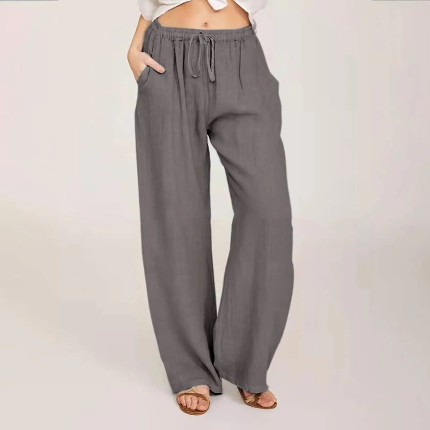Linen Pants Women Drawstring Elastic Waist Wide Leg Trousers Summer Casual Boho Beach Palazzo Pants with Pcokets 2025