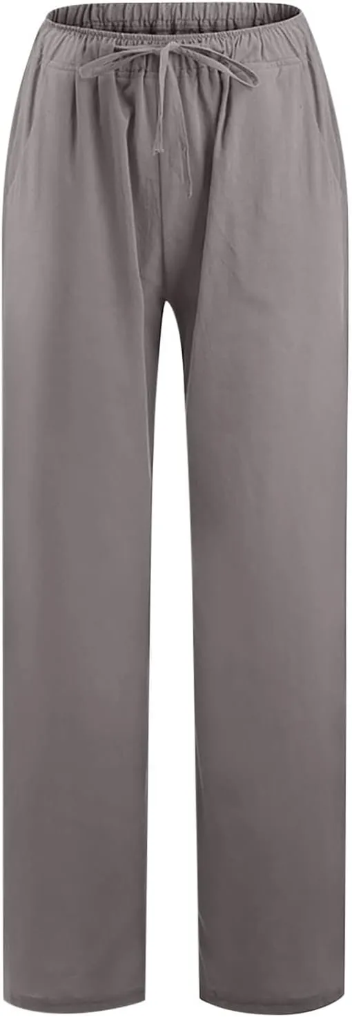 Linen Pants Women Drawstring Elastic Waist Wide Leg Trousers Summer Casual Boho Beach Palazzo Pants with Pcokets 2025
