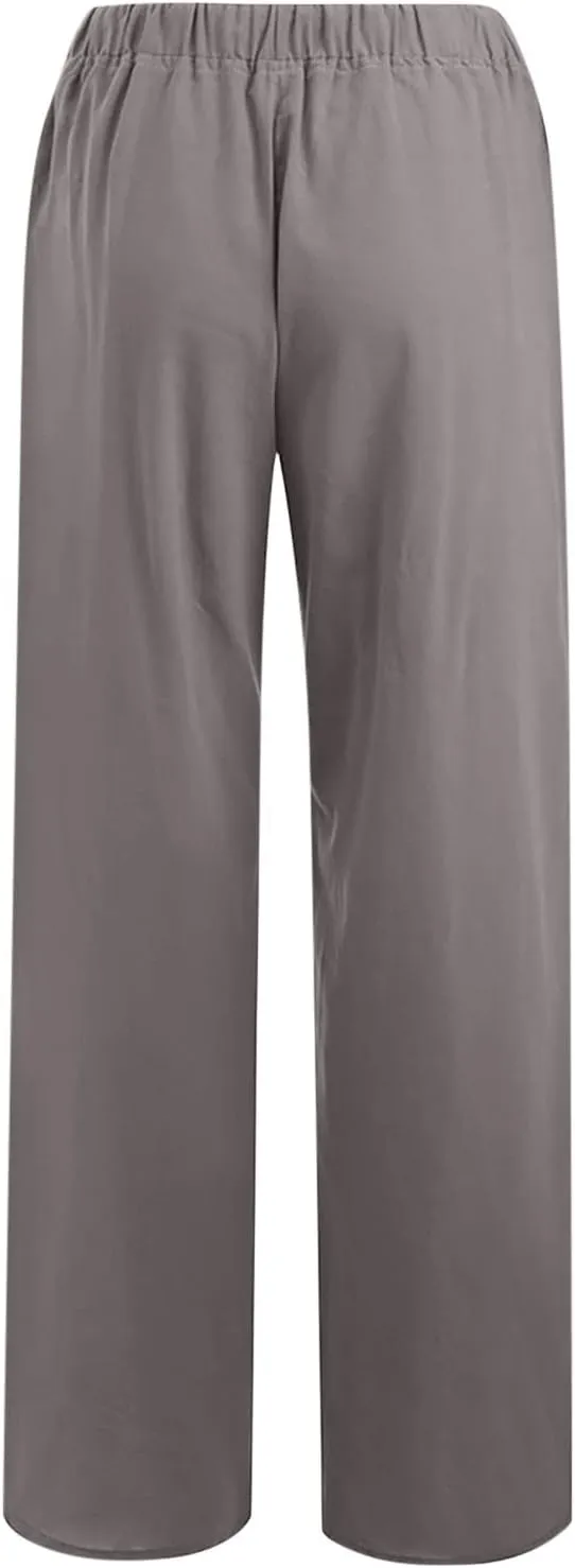 Linen Pants Women Drawstring Elastic Waist Wide Leg Trousers Summer Casual Boho Beach Palazzo Pants with Pcokets 2025