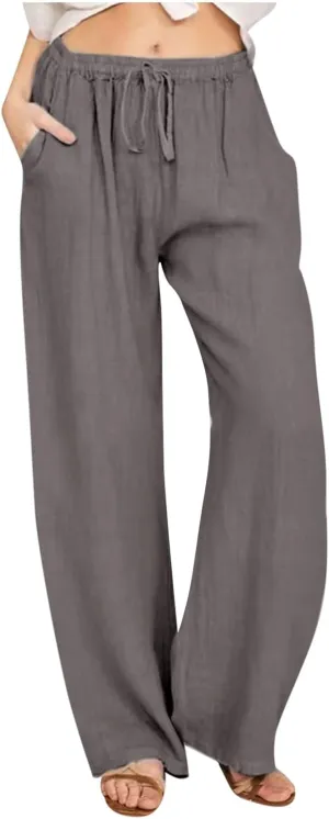Linen Pants Women Drawstring Elastic Waist Wide Leg Trousers Summer Casual Boho Beach Palazzo Pants with Pcokets 2025