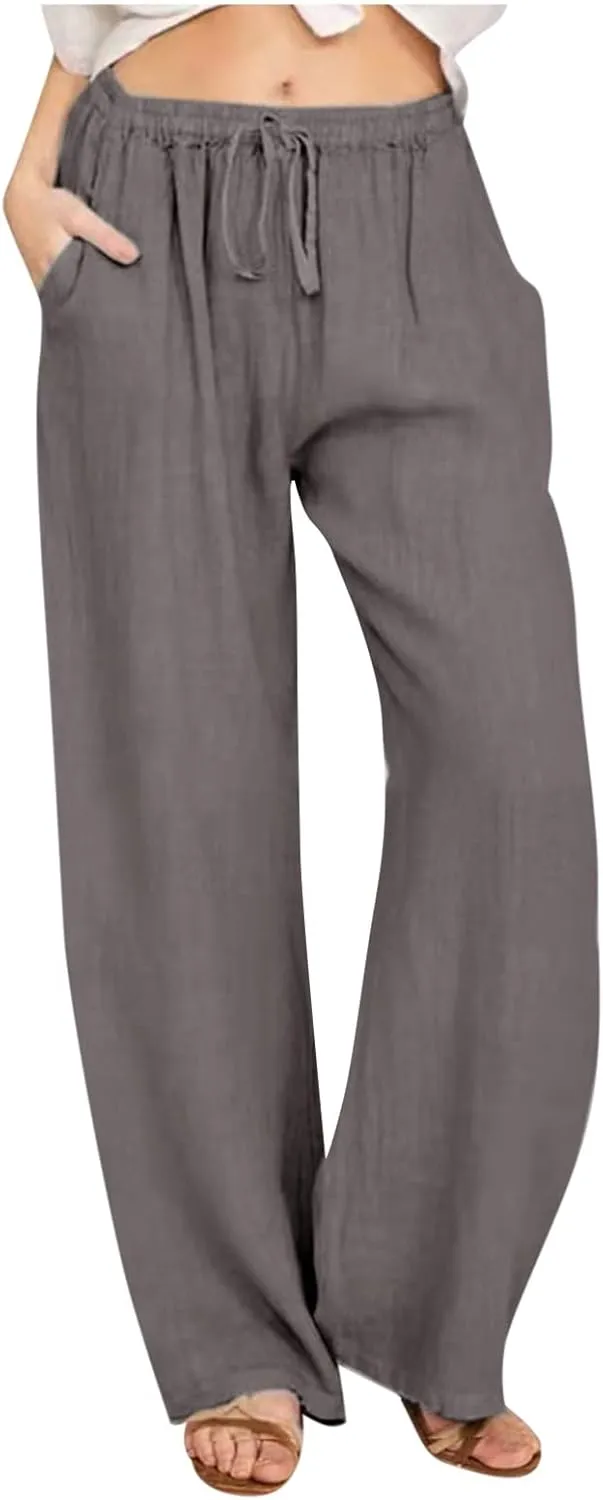 Linen Pants Women Drawstring Elastic Waist Wide Leg Trousers Summer Casual Boho Beach Palazzo Pants with Pcokets 2025