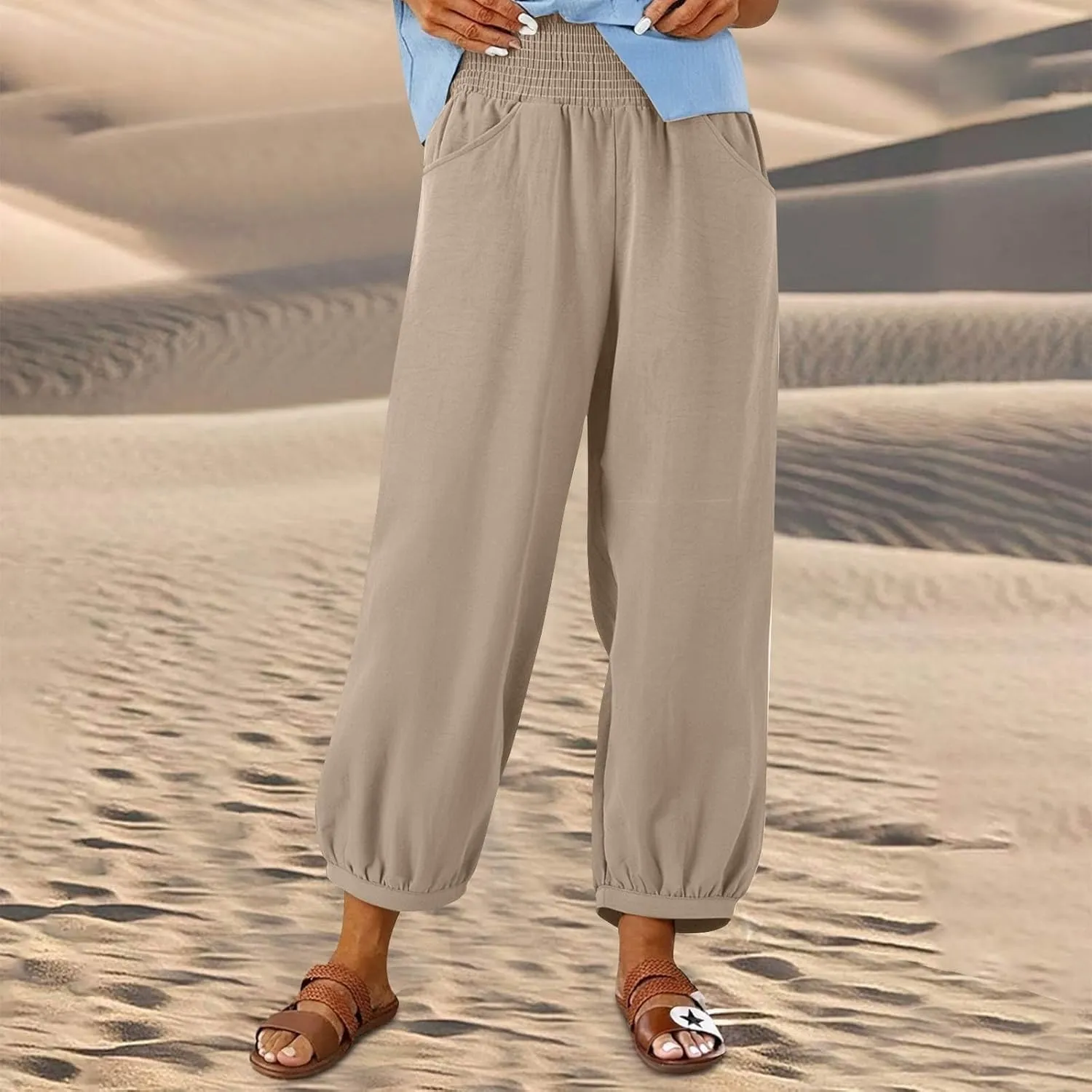 Linen Pants Women Smocked Elastic Waist Casual Summer Palazzo Pants Boho Baggy Wide Leg Trousers with Pockets