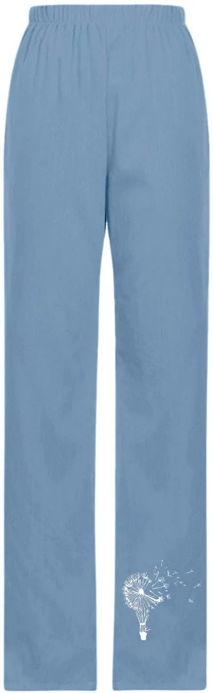 Linen Pants Women Trendy Heart Print Loose Fit Beach Trousers Summer Casual Elastic High Waist Pant Lounge Palazzo