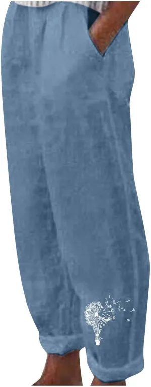 Linen Pants Women Trendy Heart Print Loose Fit Beach Trousers Summer Casual Elastic High Waist Pant Lounge Palazzo