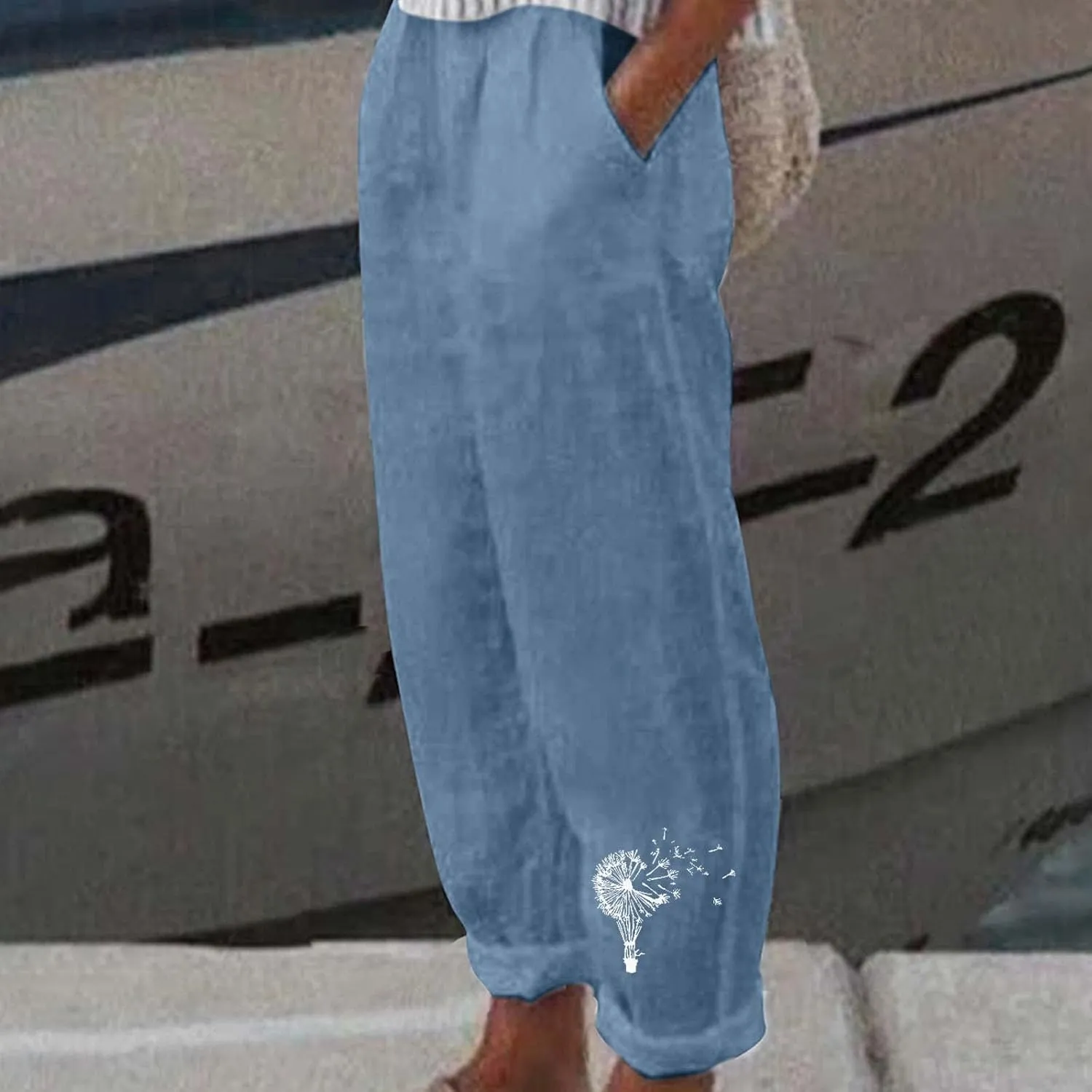 Linen Pants Women Trendy Heart Print Loose Fit Beach Trousers Summer Casual Elastic High Waist Pant Lounge Palazzo