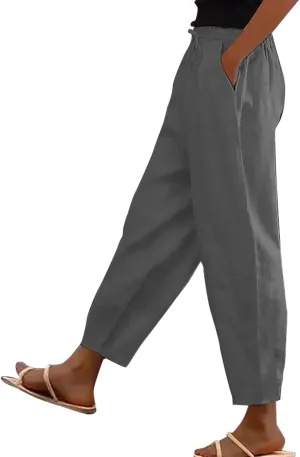 Linen Pants Women with Pockets Straight Leg Slim Fit Slacks High Elastic Waist Drawstring Palazzo Pants