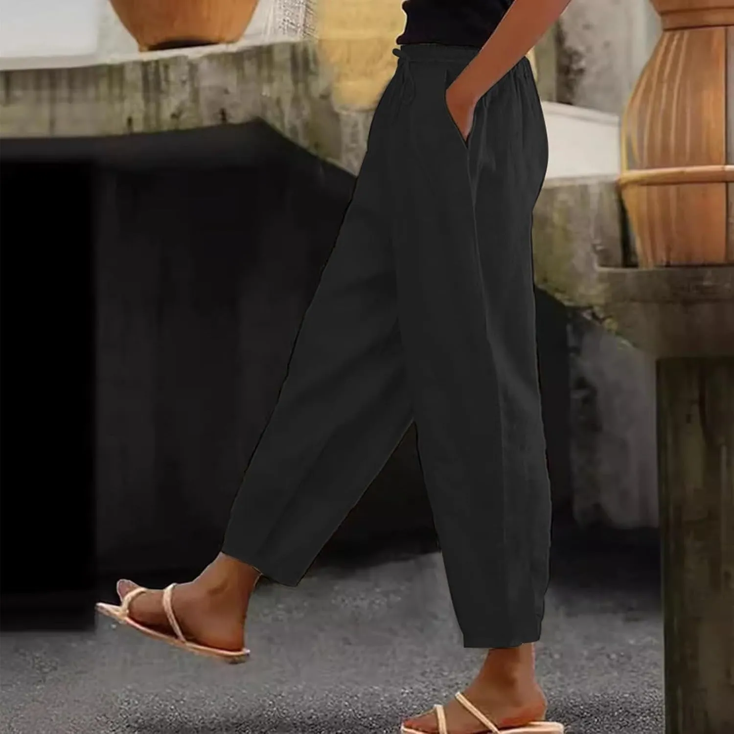 Linen Pants Women with Pockets Straight Leg Slim Fit Slacks High Elastic Waist Drawstring Palazzo Pants