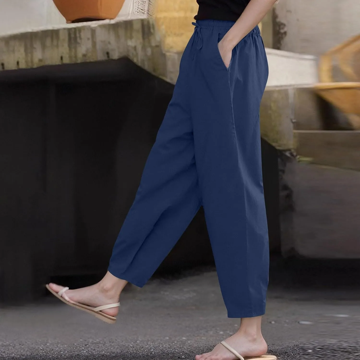 Linen Pants Women with Pockets Straight Leg Slim Fit Slacks High Elastic Waist Drawstring Palazzo Pants