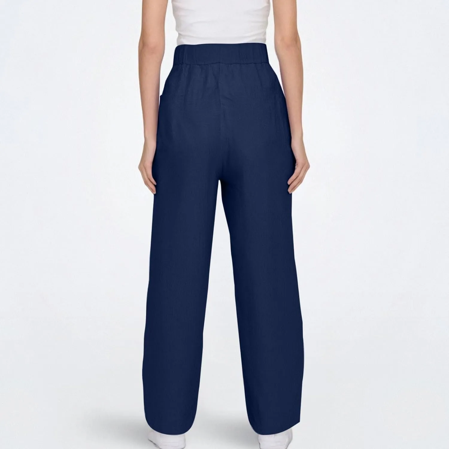 Linen Pants Women with Pockets Straight Leg Slim Fit Slacks High Elastic Waist Drawstring Palazzo Pants