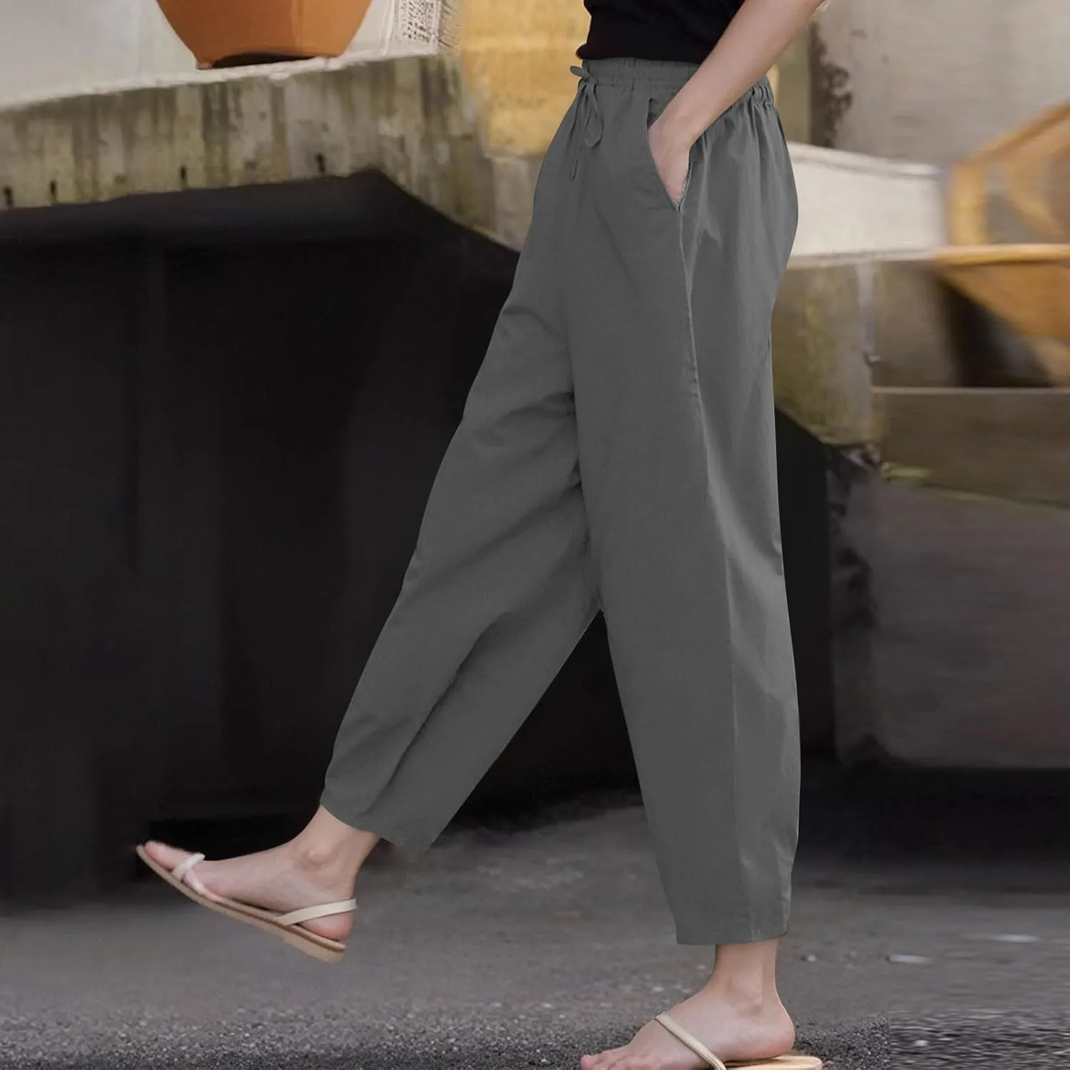 Linen Pants Women with Pockets Straight Leg Slim Fit Slacks High Elastic Waist Drawstring Palazzo Pants
