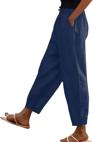 Linen Pants Women with Pockets Straight Leg Slim Fit Slacks High Elastic Waist Drawstring Palazzo Pants