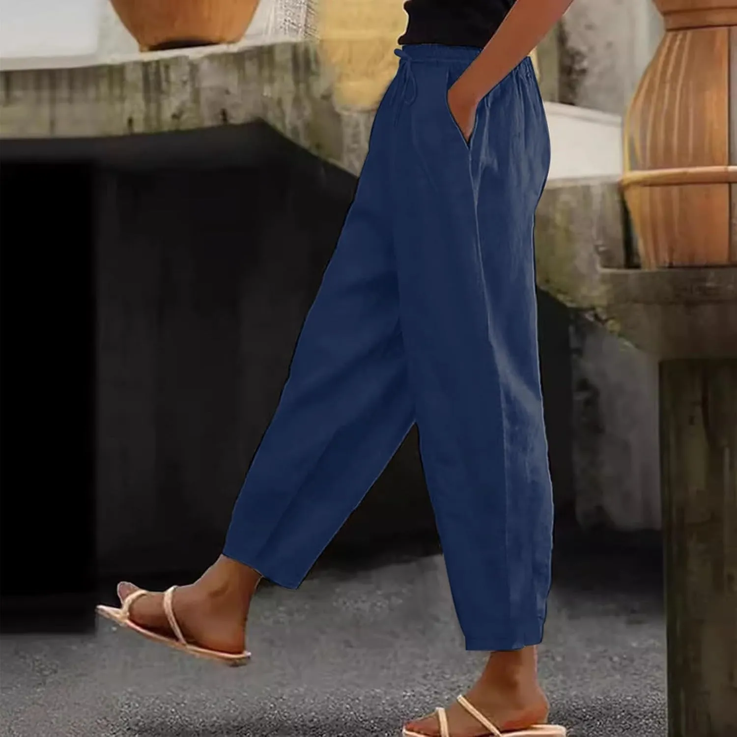 Linen Pants Women with Pockets Straight Leg Slim Fit Slacks High Elastic Waist Drawstring Palazzo Pants