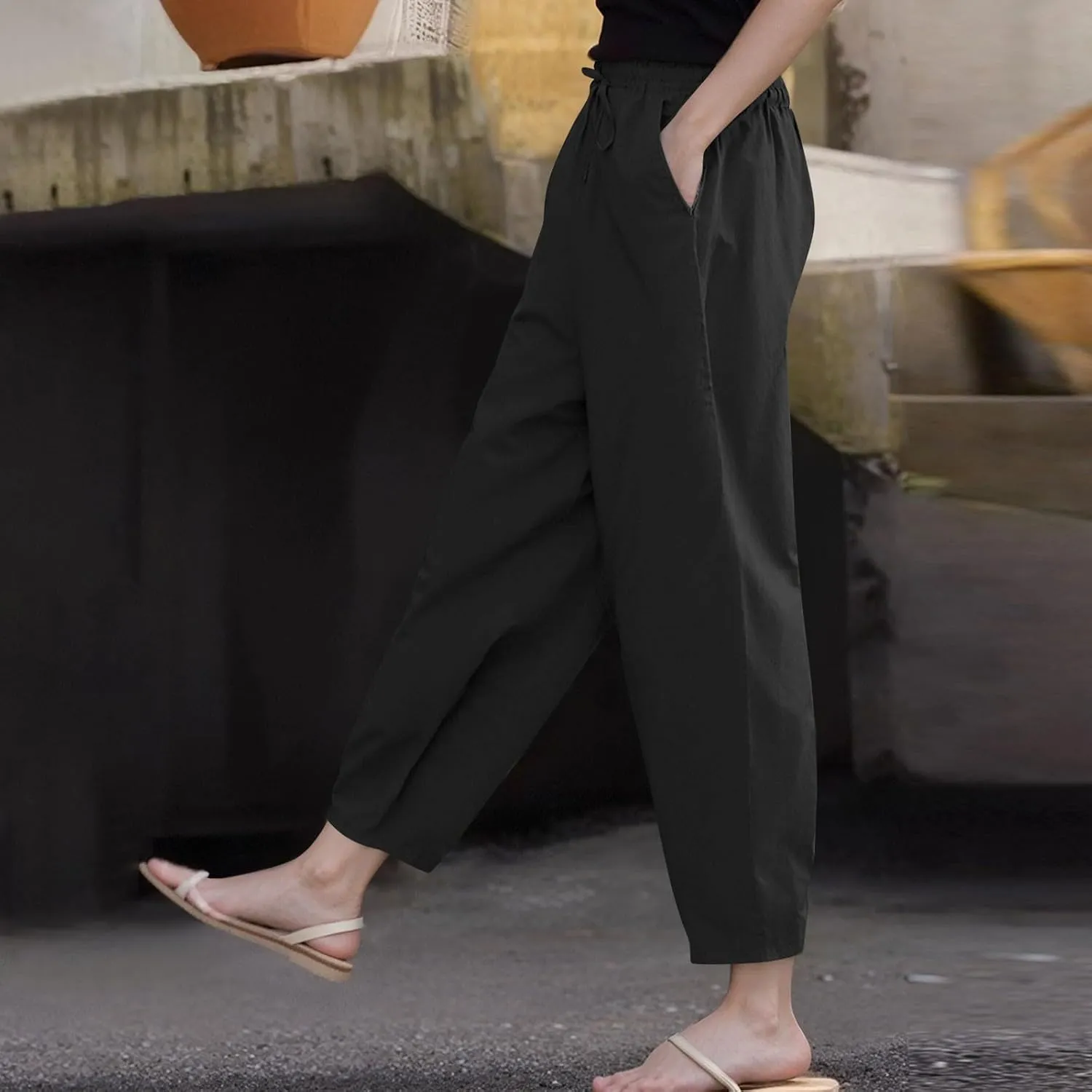 Linen Pants Women with Pockets Straight Leg Slim Fit Slacks High Elastic Waist Drawstring Palazzo Pants