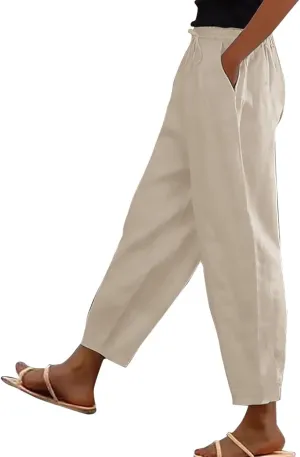 Linen Pants Women with Pockets Straight Leg Slim Fit Slacks High Elastic Waist Drawstring Palazzo Pants