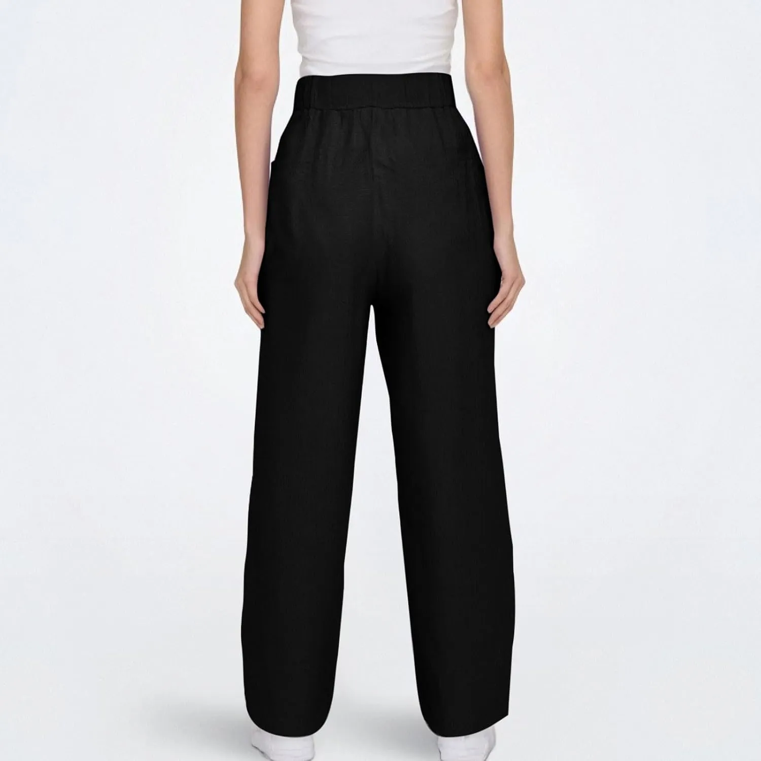 Linen Pants Women with Pockets Straight Leg Slim Fit Slacks High Elastic Waist Drawstring Palazzo Pants