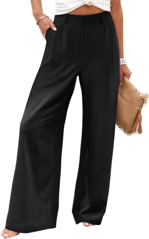 Linen Wide Leg Dress Pants Women Business Casual Elastic Waist Comfy Work Pants Lightweight Vacation Beach Trousers