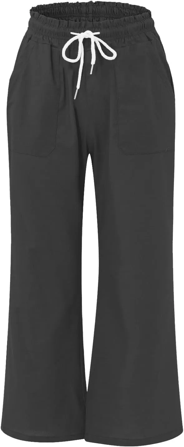 Linen Wide Leg Pants for Women Casual Summer Elastic Waist Loose Fit Beach Pants Comfy Flowy Lounge Pant with Pockets
