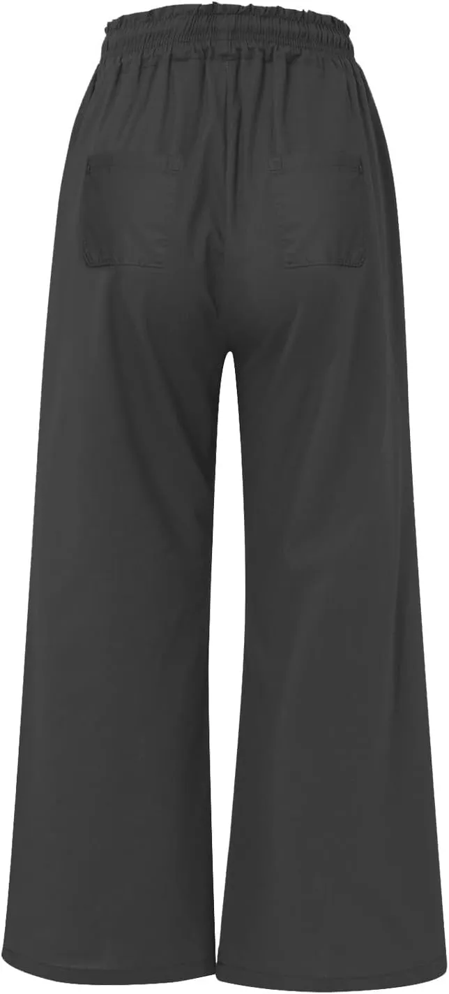 Linen Wide Leg Pants for Women Casual Summer Elastic Waist Loose Fit Beach Pants Comfy Flowy Lounge Pant with Pockets