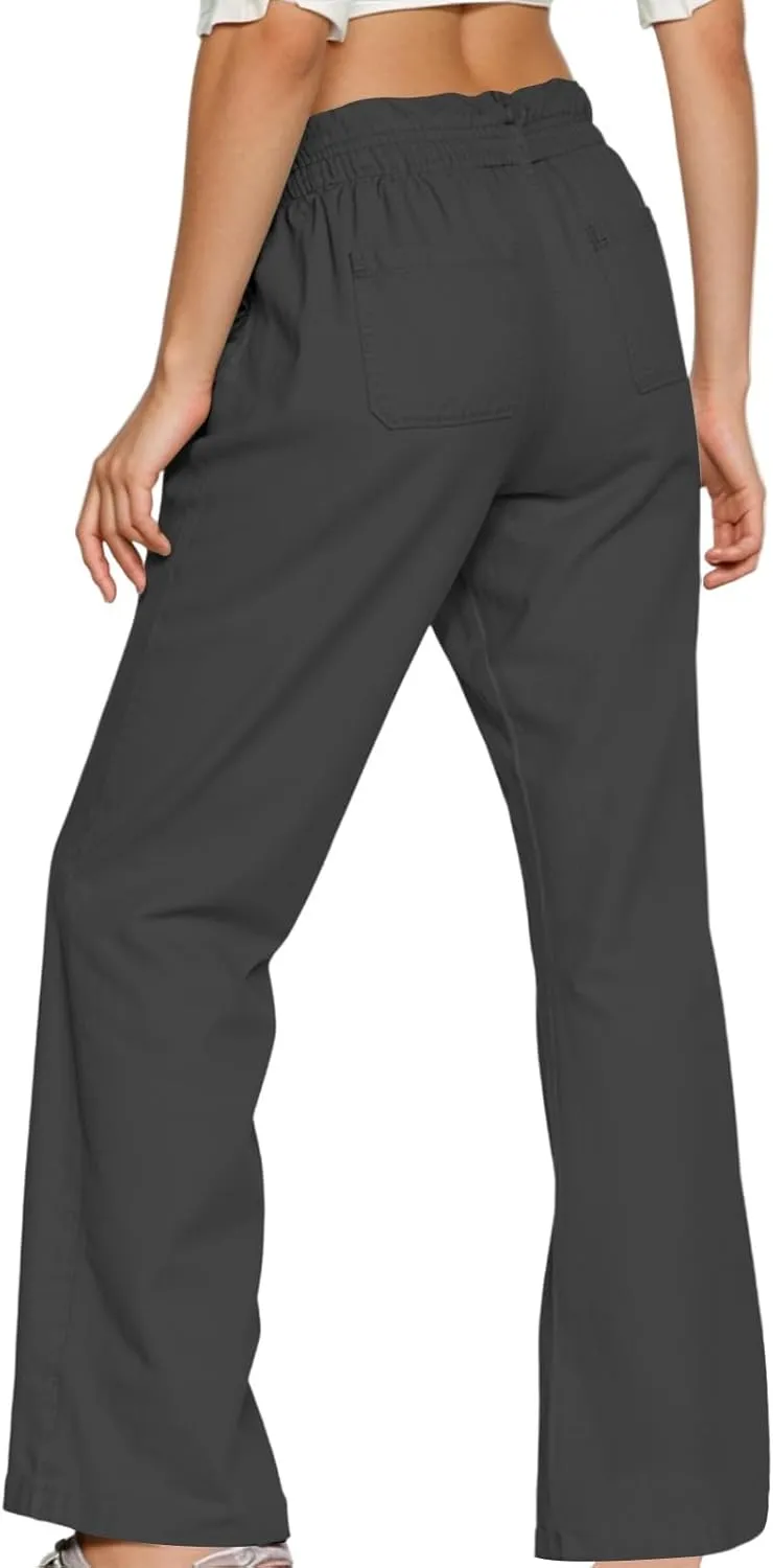 Linen Wide Leg Pants for Women Casual Summer Elastic Waist Loose Fit Beach Pants Comfy Flowy Lounge Pant with Pockets