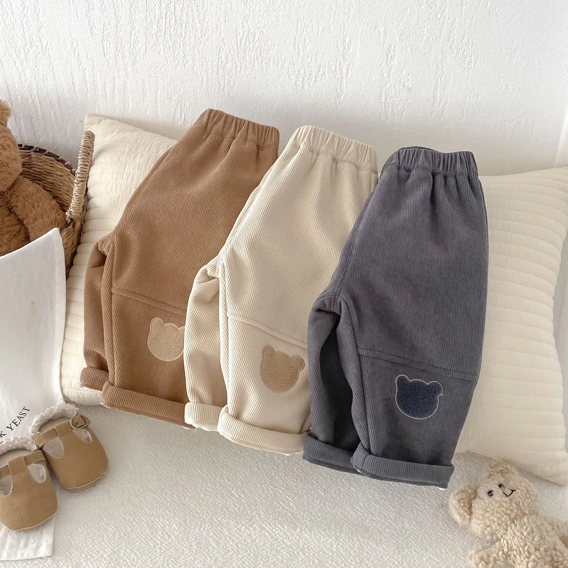 Little Bear Patch Fleece-Lined Corduroy Pants