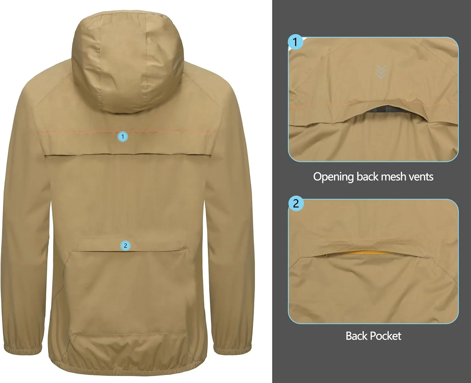 Little Donkey Andy Men's Cycling Stretch Rain Jacket with Hood, Windproof and Waterproof, Ultralight Windbreaker,Packable