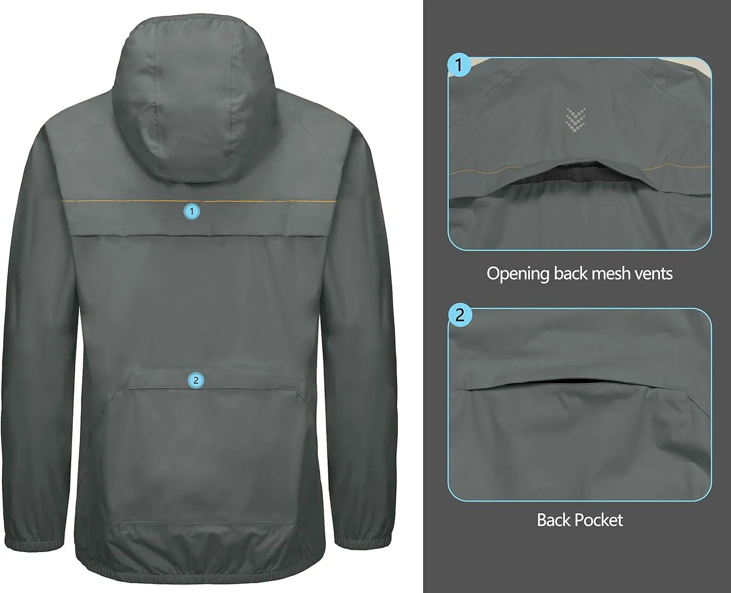 Little Donkey Andy Men's Cycling Stretch Rain Jacket with Hood, Windproof and Waterproof, Ultralight Windbreaker,Packable
