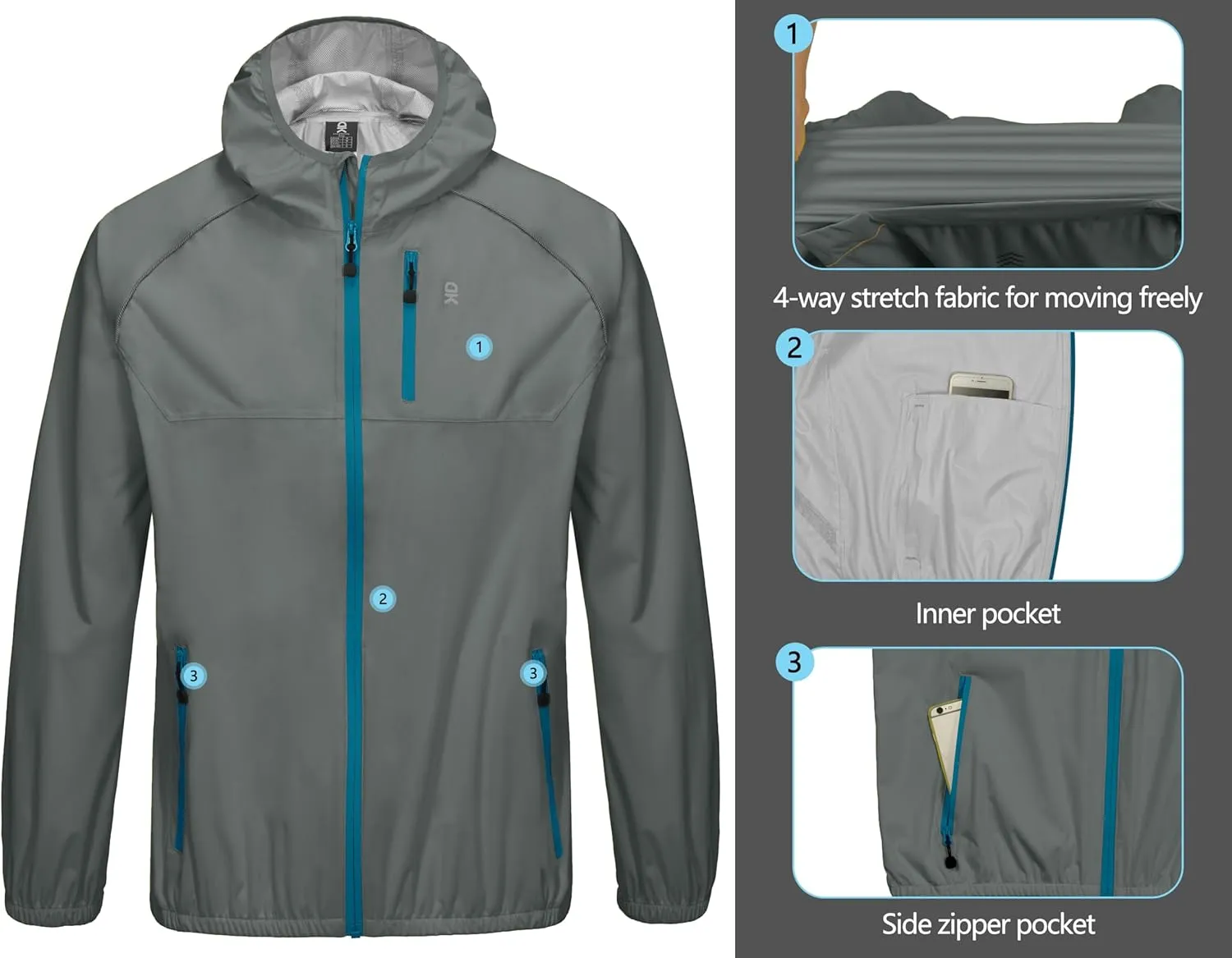 Little Donkey Andy Men's Cycling Stretch Rain Jacket with Hood, Windproof and Waterproof, Ultralight Windbreaker,Packable