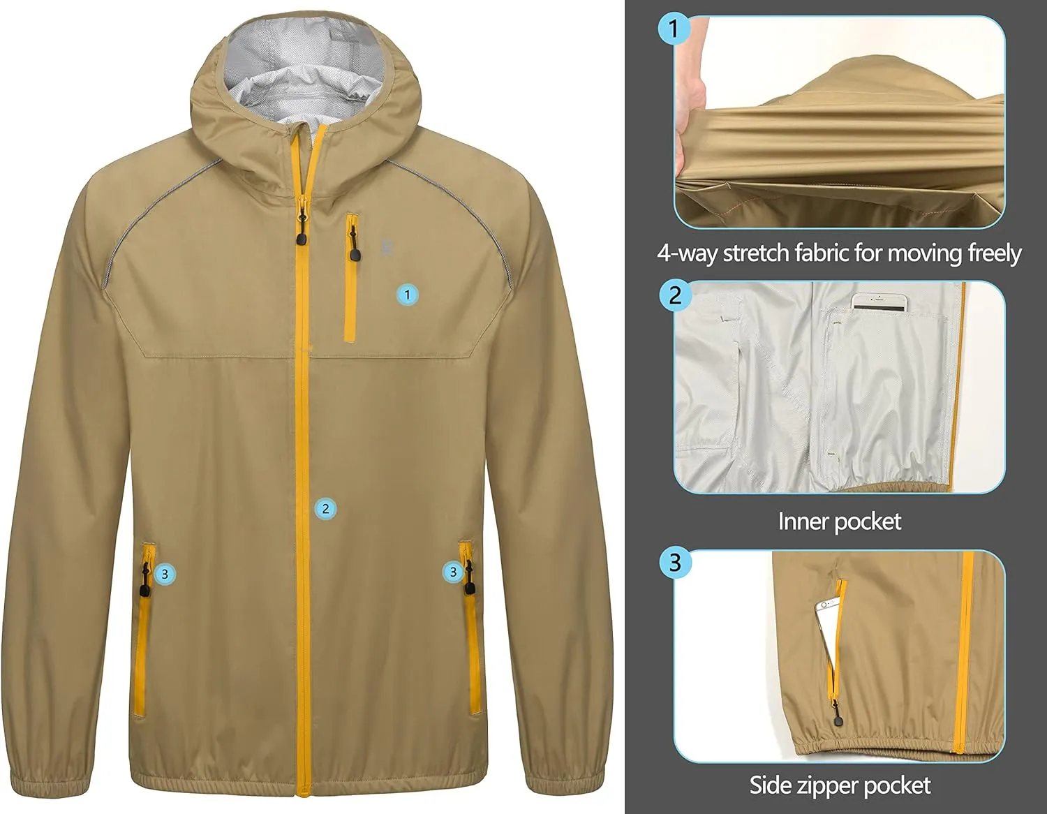 Little Donkey Andy Men's Cycling Stretch Rain Jacket with Hood, Windproof and Waterproof, Ultralight Windbreaker,Packable
