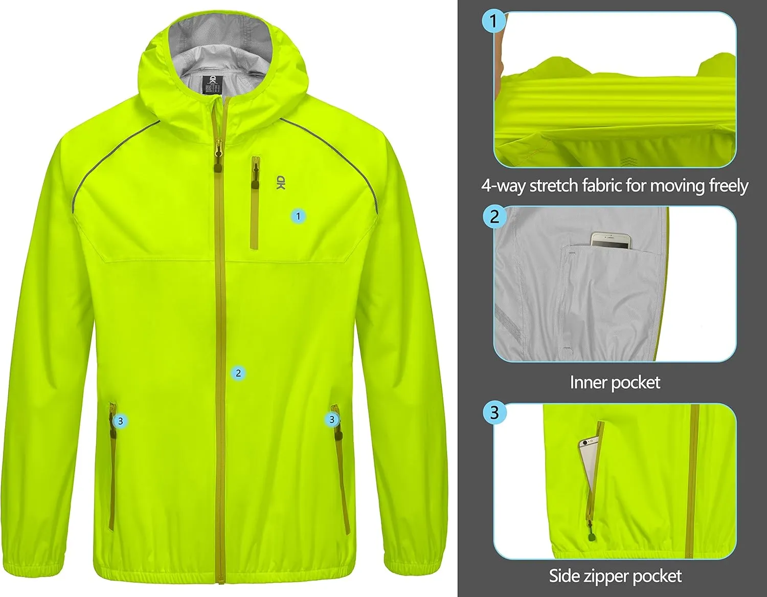 Little Donkey Andy Men's Cycling Stretch Rain Jacket with Hood, Windproof and Waterproof, Ultralight Windbreaker,Packable