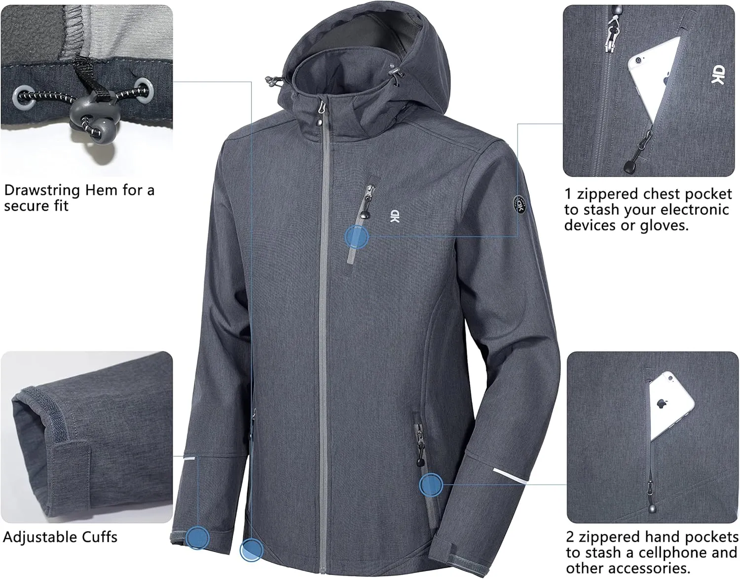 Little Donkey Andy Men's Softshell Jacket Ski Jacket with Removable Hood, Fleece Lined